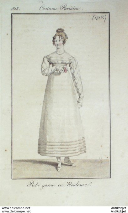 Gravure de mode Costume Parisien 1818 n°1716 Robe garnie en rouleau