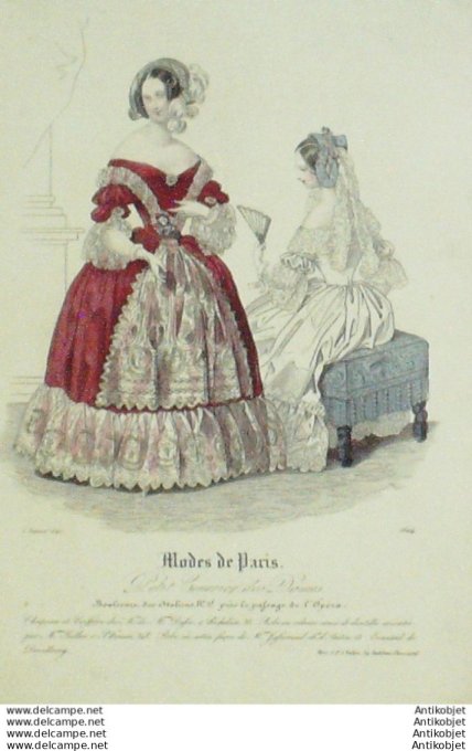 Gravure Mode Courrier des Dames 1840 # 1604 (eau forte old Fashion plate)