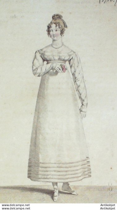 Gravure de mode Costume Parisien 1818 n°1716 Robe garnie en rouleau