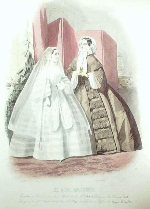 Gravure Les Modes Parisiennes 1855 # 740 Robe de communiante Maison Delisle