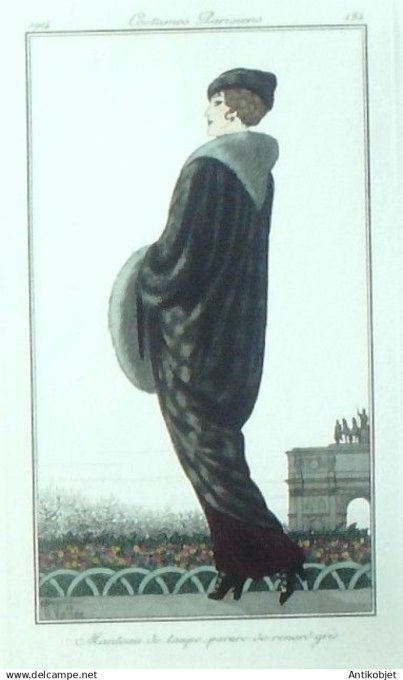 Gravure Costume Parisien 1914 #134 Vallée Armand (eau forte) Manteau de taupe