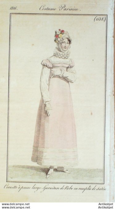 Gravure de mode Costume Parisien 1816 n°1538 Cornette à passe large en rebe