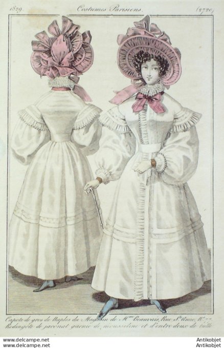Gravure de mode Costume Parisien 1829 n°2720 Redingote Jaconat et mousseline entre deux de tulle