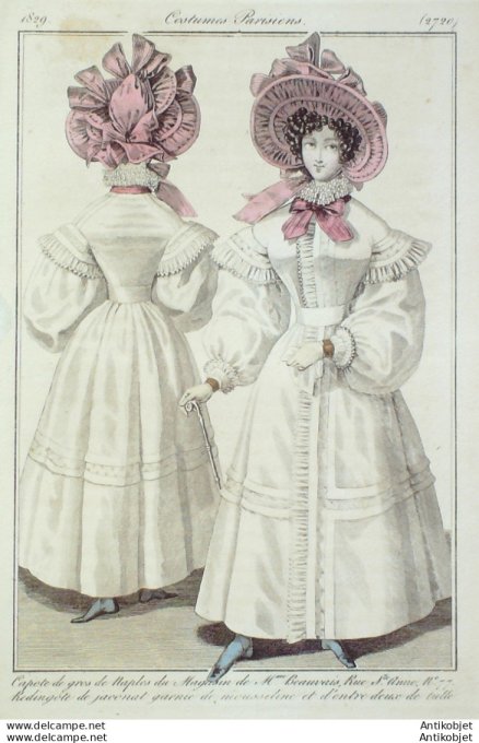Costume Parisien 1829 # 2720 Redingote Jaconat et mousseline entre deux de tulle