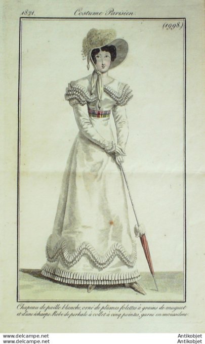 Gravure de mode Costume Parisien 1821 n°1998 Robe perkale à collet