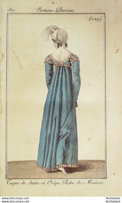 Gravure de mode Costume Parisien 1811 n°1129 Robe de Mérinos