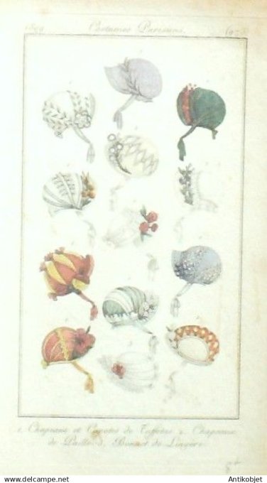 Costume Parisien 1809 # 973 (eau forte) Capotes de taffetas bonnets