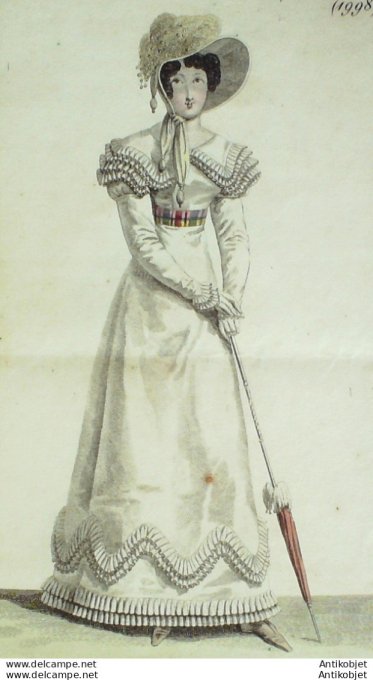 Gravure de mode Costume Parisien 1821 n°1998 Robe perkale à collet