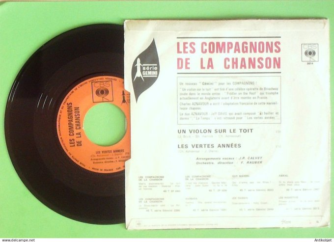 Les Compagnons de la chanson 45T SP Un violon sur le toit 1967 (languette)
