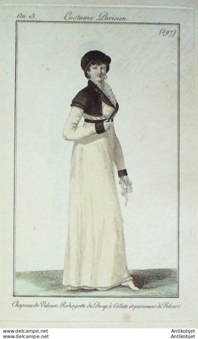 Gravure de mode Costume Parisien 1805 n° 597 (An 13) Redingote de drap à collets