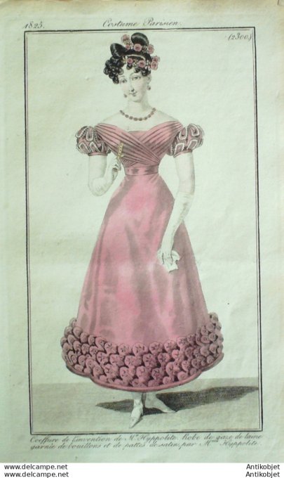 Gravure de mode Costume Parisien 1825 n°2300 Robe de gaze laine et satin