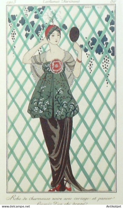 Gravure de mode Costume Parisien 1913 pl.080 BARBIER George Robe
