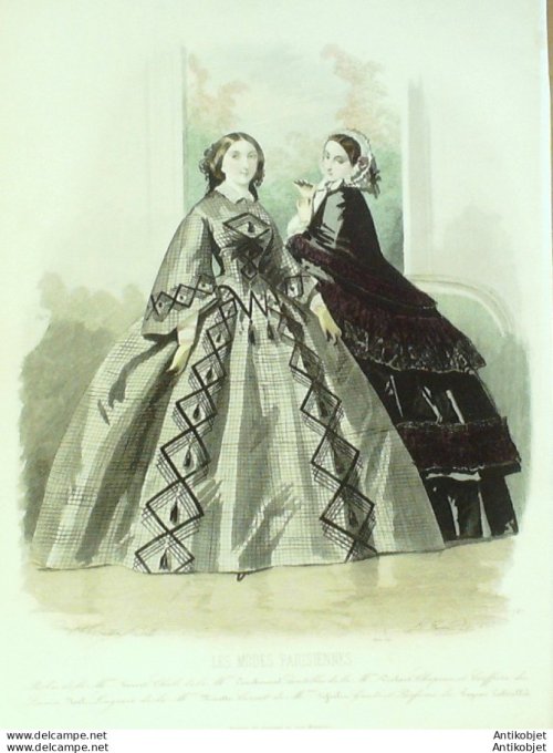 Gravure Les Modes Parisiennes 1858 # 787 Robes de promenade Maison Fauvet