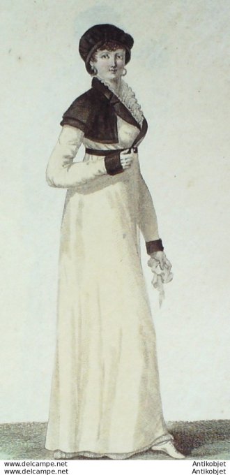 Gravure de mode Costume Parisien 1805 n° 597 (An 13) Redingote de drap à collets