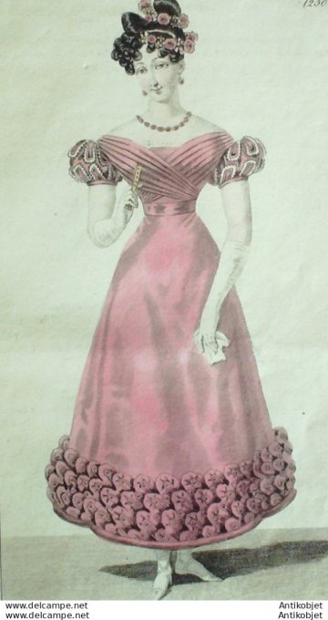 Gravure de mode Costume Parisien 1825 n°2300 Robe de gaze laine et satin