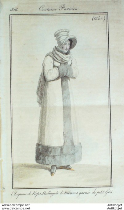 Gravure de mode Costume Parisien 1816 n°1540 Redingote Mérinos ornée de petit gris