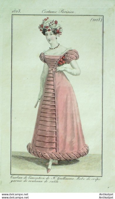 Gravure de mode Costume Parisien 1823 n°2128 Robe crêpe rouleaux de satin