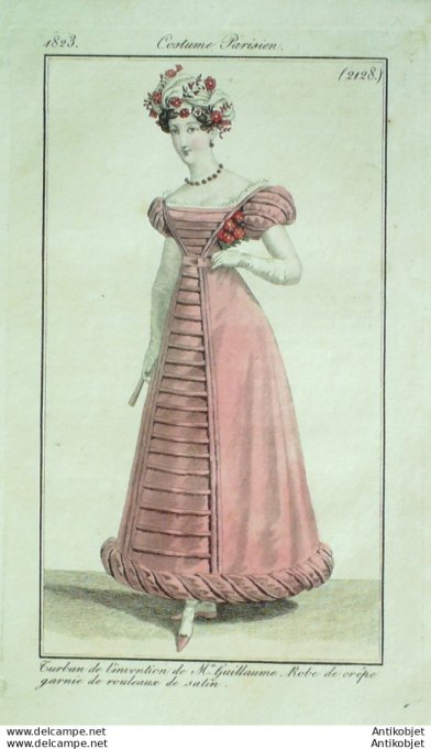 Costume Parisien 1823 # 2128 Robe crêpe rouleaux de satin