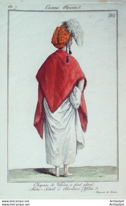 Gravure de mode Costume Parisien 1799 n°  85 (An 7) Fichu Schall à bordure