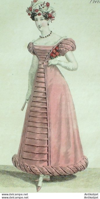 Gravure de mode Costume Parisien 1823 n°2128 Robe crêpe rouleaux de satin