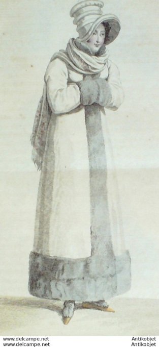 Gravure de mode Costume Parisien 1816 n°1540 Redingote Mérinos ornée de petit gris