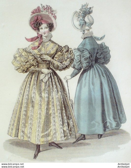 Costume Parisien 1832 # 2978 Robe de moire à raies chapeau