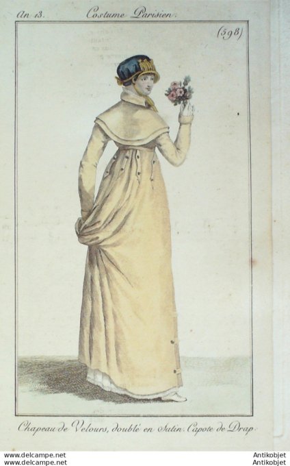 Gravure de mode Costume Parisien 1805 n° 598 (An 13) Capote de drap