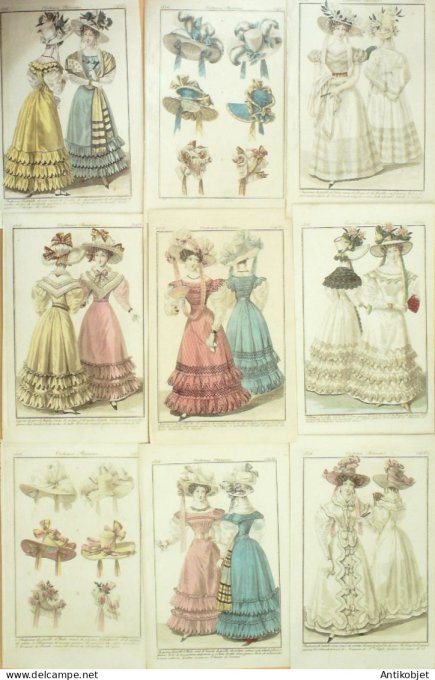Gravures de mode Costume Parisien 1826 Lot 23 9 pièces