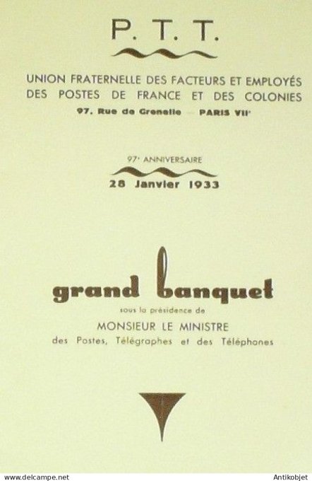 Menu Progremme banquet P.T.T. Paris 7 1933