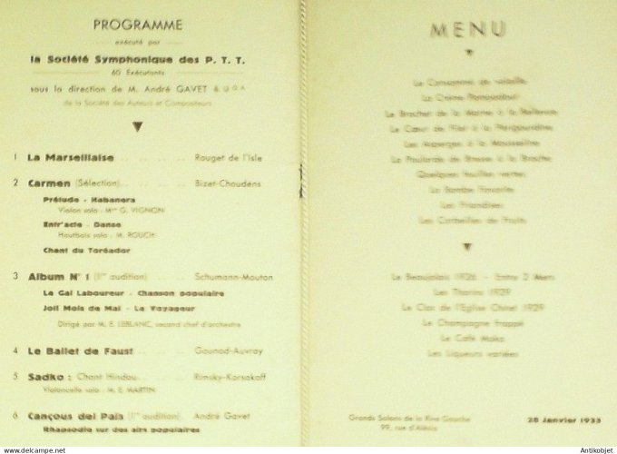 Menu Progremme banquet P.T.T. Paris 7 1933
