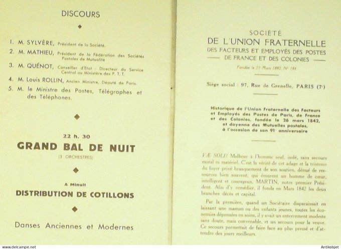 Menu Progremme banquet P.T.T. Paris 7 1933