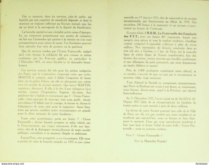 Menu Progremme banquet P.T.T. Paris 7 1933