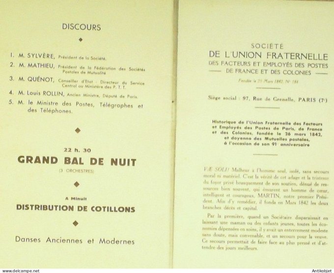 Menu Progremme banquet P.T.T. Paris 7 1933