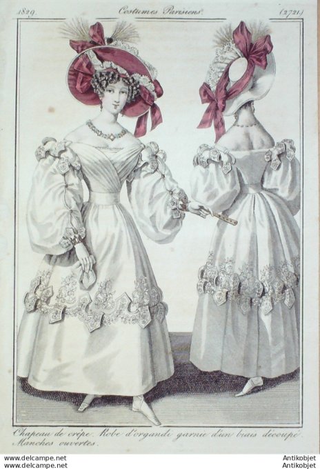 Gravure de mode Costume Parisien 1829 n°2721 Robe d'organdi biais découpé manche