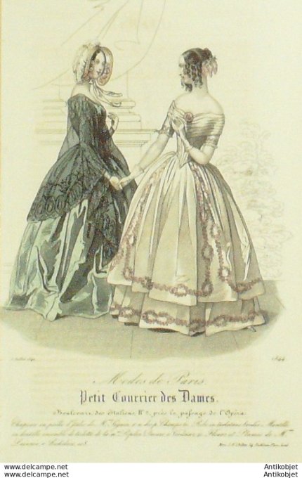 Gravure de mode Petit courrier des Dames 1842 n°1844 Robe en Tartalane brodée