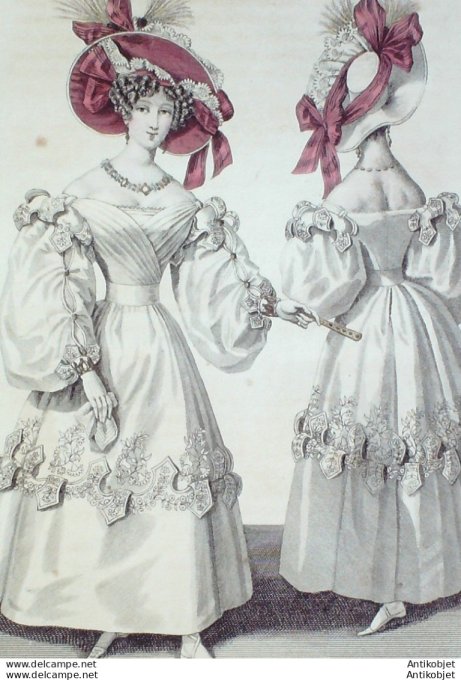 Gravure de mode Costume Parisien 1829 n°2721 Robe d'organdi biais découpé manche