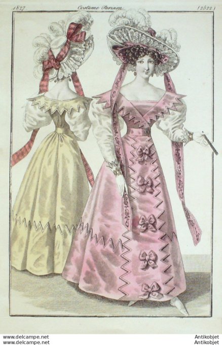 Gravure de mode Costume Parisien 1827 n°2522 Robe Redingote en gros de Naples