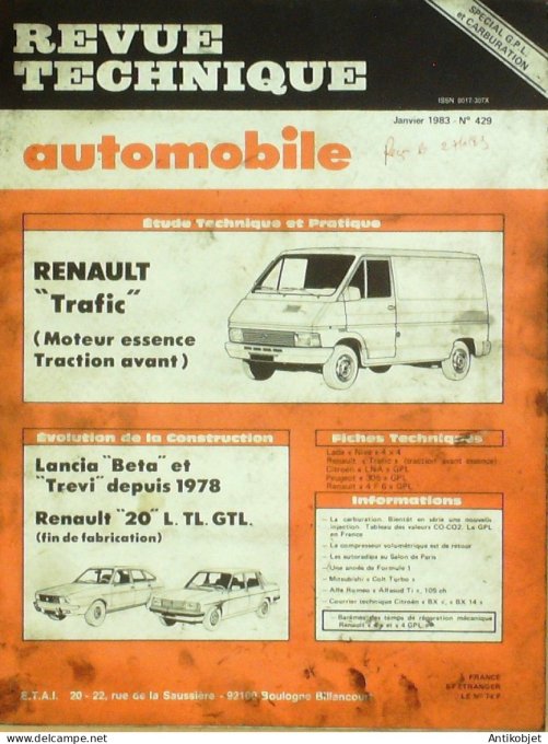 Revue Tech. Automobile 1983 n°429 Renault 20 & Trafic Lancia Beta & Trevi