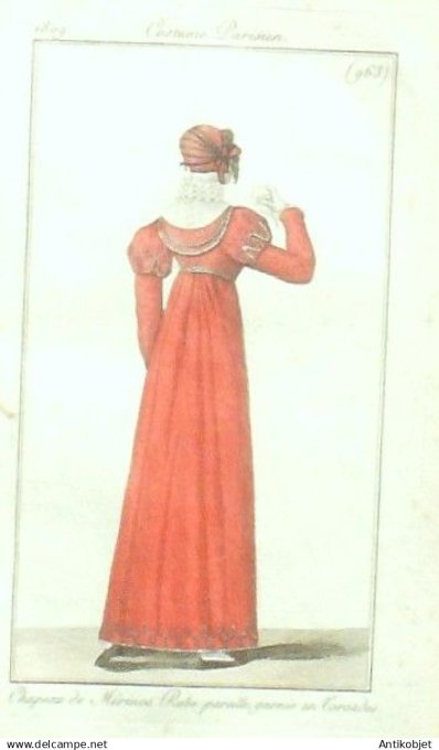 Costume Parisien 1809 # 963 (eau forte) Robe garnie à  torsades
