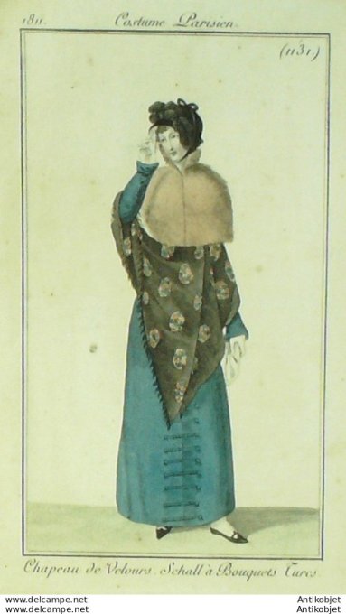 Gravure de mode Costume Parisien 1811 n°1131 Shall à bouquets Turcs