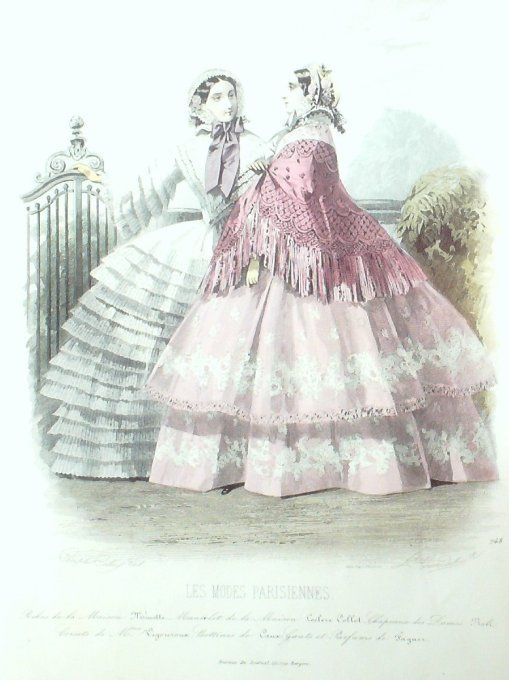 Gravure Les Modes Parisiennes 1856 # 748 Robes en tissu Maison Minette