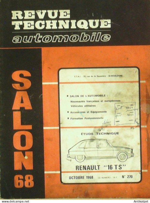 Revue Tech. Automobile 1968 n°270 Renault 16 TS