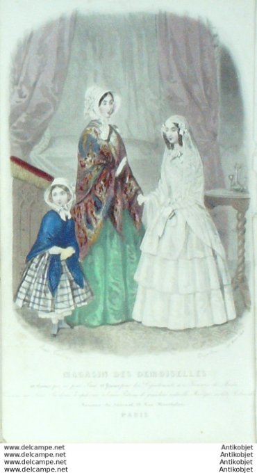 Gravure Mode Magasin Demoiselles 1848 #  3 (aquarellee Old Fashion plate)