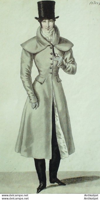 Gravure de mode Costume Parisien 1825 n°2301 Redingote de drap homme