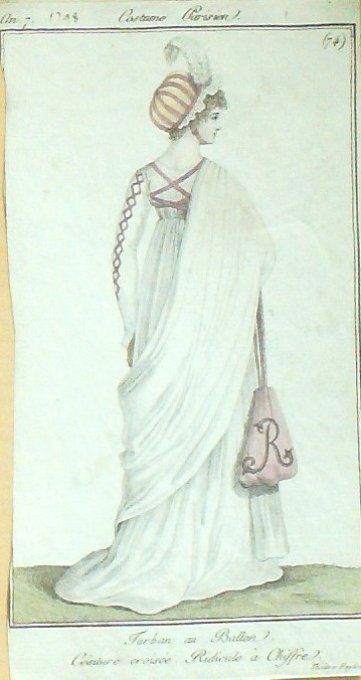 Costume Parisien 1798 an 7 # 74 (eau forte) Turban en ballon ceinture croisée