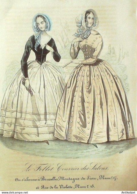 Gravure Mode Le Follet 1840 # 460 (aquarelle Old Fashion plate)