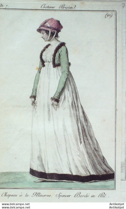 Gravure de mode Costume Parisien 1799 n°  91 (An 7) Spencer bordé en poil