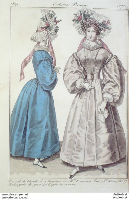 Gravure de mode Costume Parisien 1829 n°2722 Redingote de gros de Naples à revers