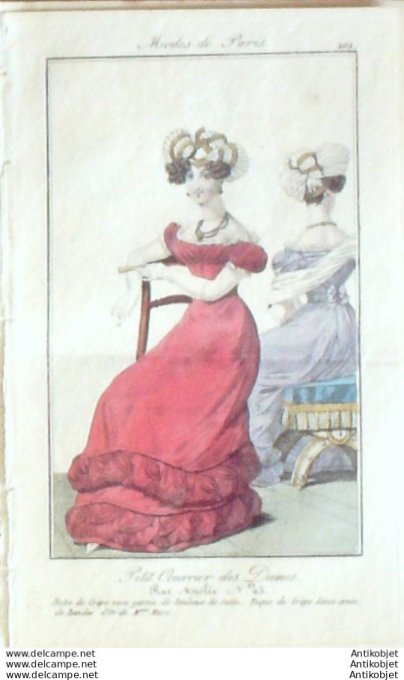 Gravure Mode Courrier des Dames 1824 #  202 (eau forte old Fashion plate)