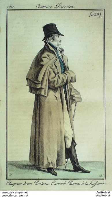 Gravure de mode Costume Parisien 1811 n°1133 Carrick Bottes à la hussarde homme